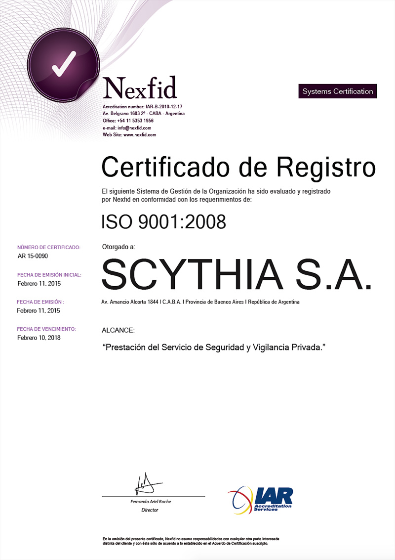 Certificado - ISO 9001:2008 - Scythia - Servicios de Seguridad